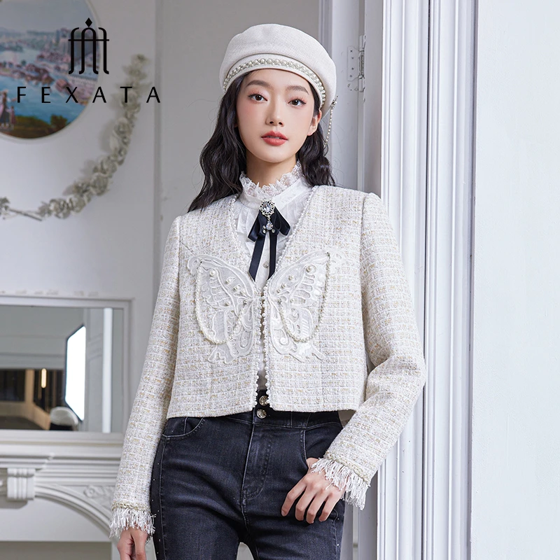 【千颂妮专享】FEXATA斐格思设计感钉珠蝴蝶小香风短外套F41W0506