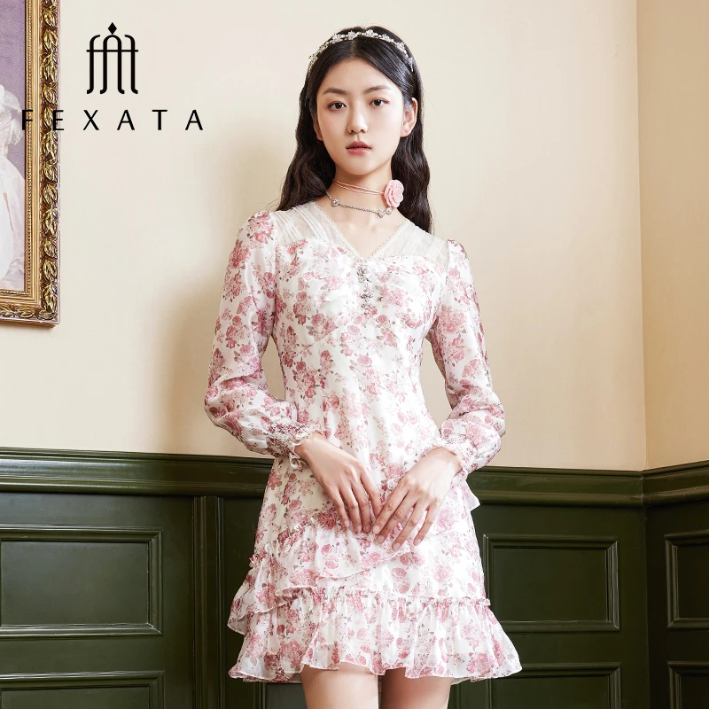 【黄蓉推荐】FEXATA斐格思连衣裙气质法式荷叶边玫瑰印花茶歇