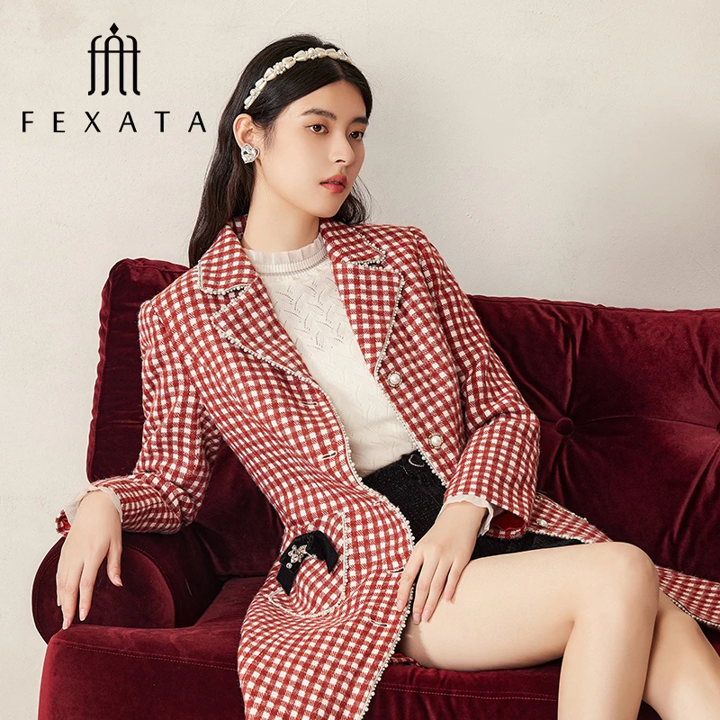 FEXATA斐格思毛呢外套冬季复古红白格纹女式大衣