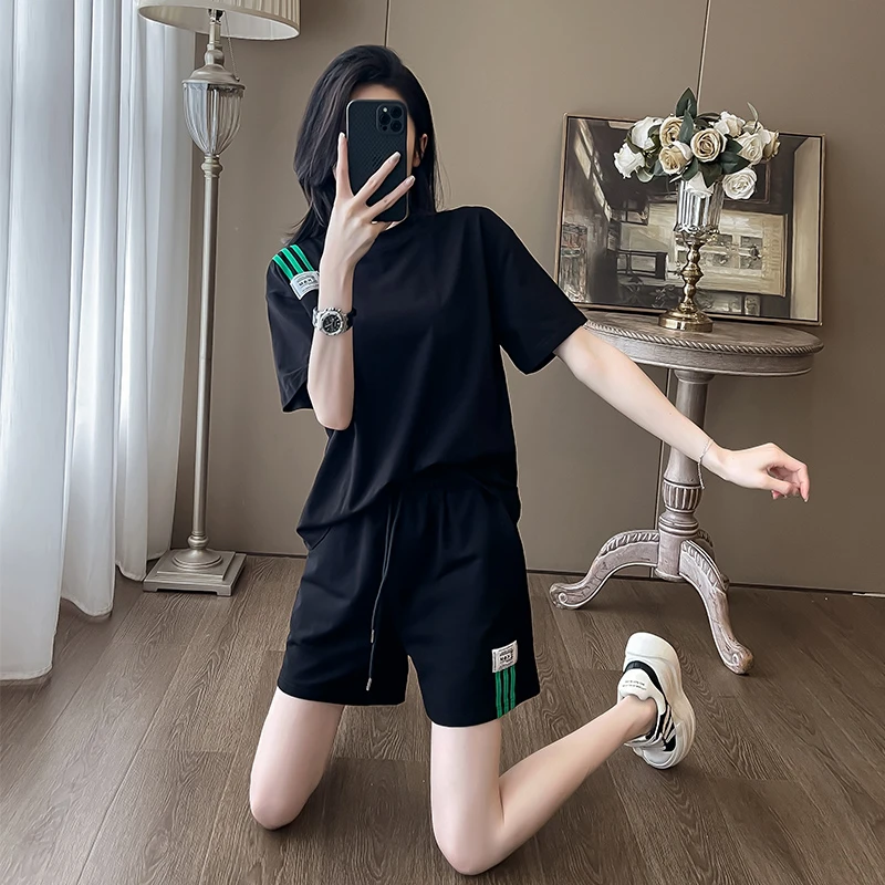 黑色时尚短袖时尚套装女夏季宽松薄款显瘦韩版潮流休闲短裤两件套
