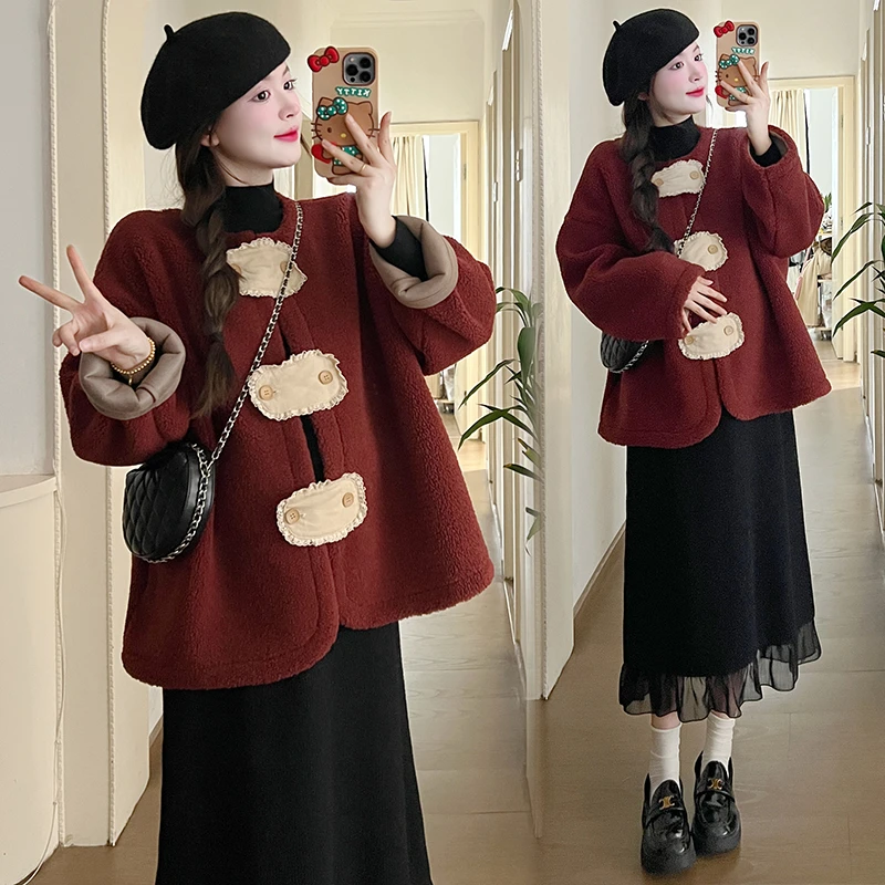 孕妇秋冬套装红色羊羔毛外套过年战袍高级感新中式国风两件套冬装