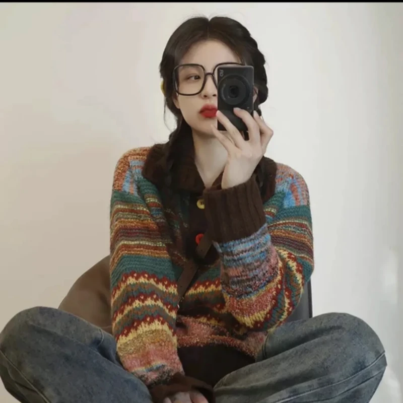 韩版费尔岛毛衣慵懒高级彩色条纹美拉德宽松显瘦复古针织上衣9608