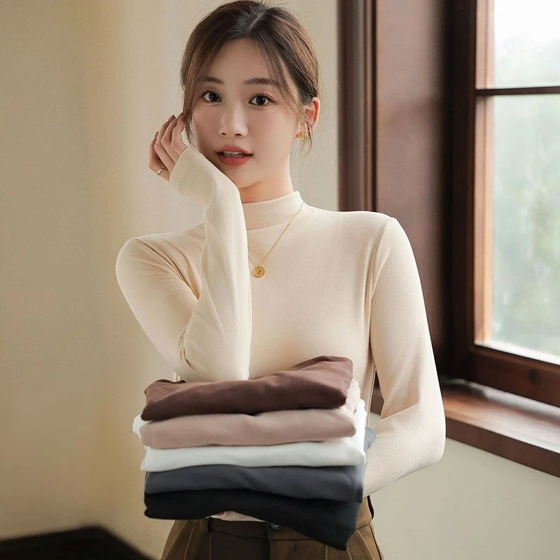 秋冬新款德绒修身保暖打底衫女半高领亲肤一体绒蓄热内搭T恤上衣