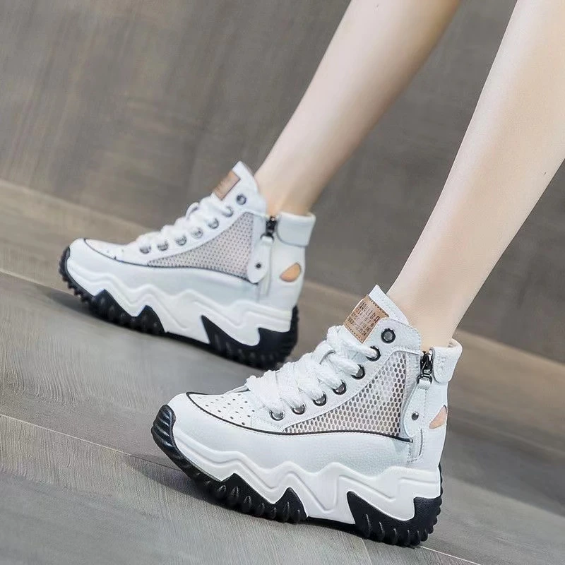 网红真皮女鞋时尚百搭网面透气跑鞋厚底休闲鞋女韩版潮鞋旅游鞋女