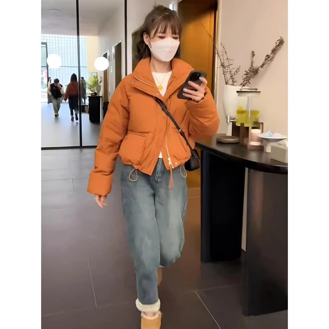 小个子立领短款橘色羽绒棉服女秋冬新款高级感加厚面包服棉衣外套