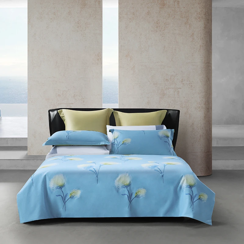 【水星家纺严选】四件套纯棉100%专版居家床品柔和蓝花朵风铃花语