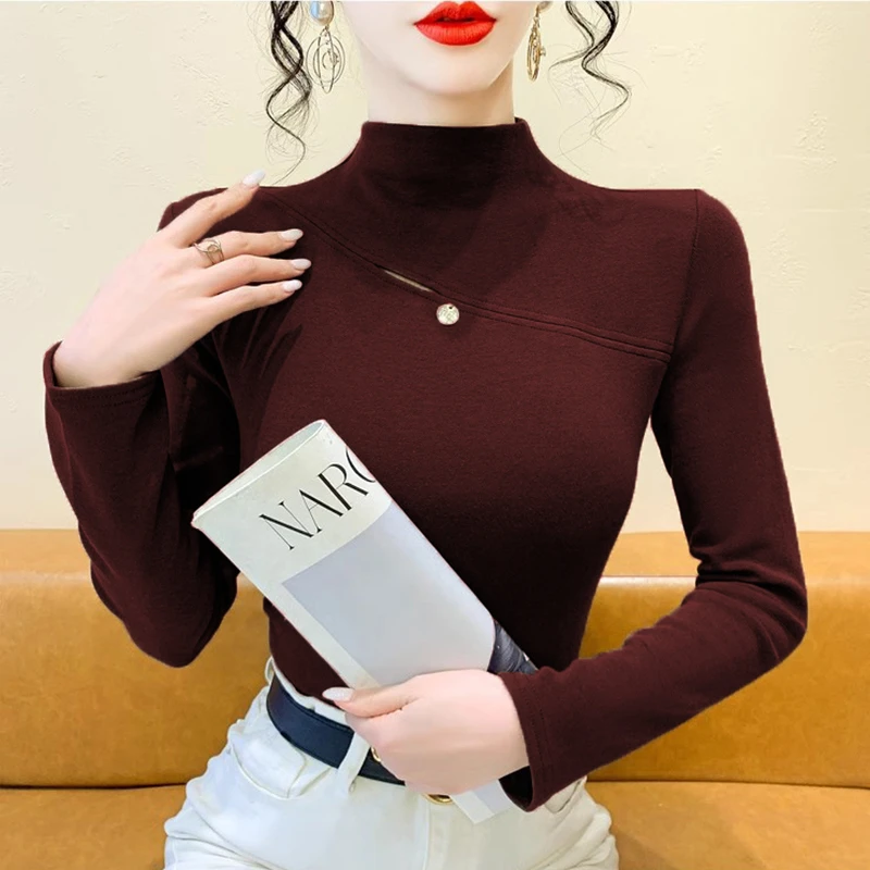 秋装新款气质半高领镂空钉珠褶皱长袖T恤女内搭加绒打底衫上衣