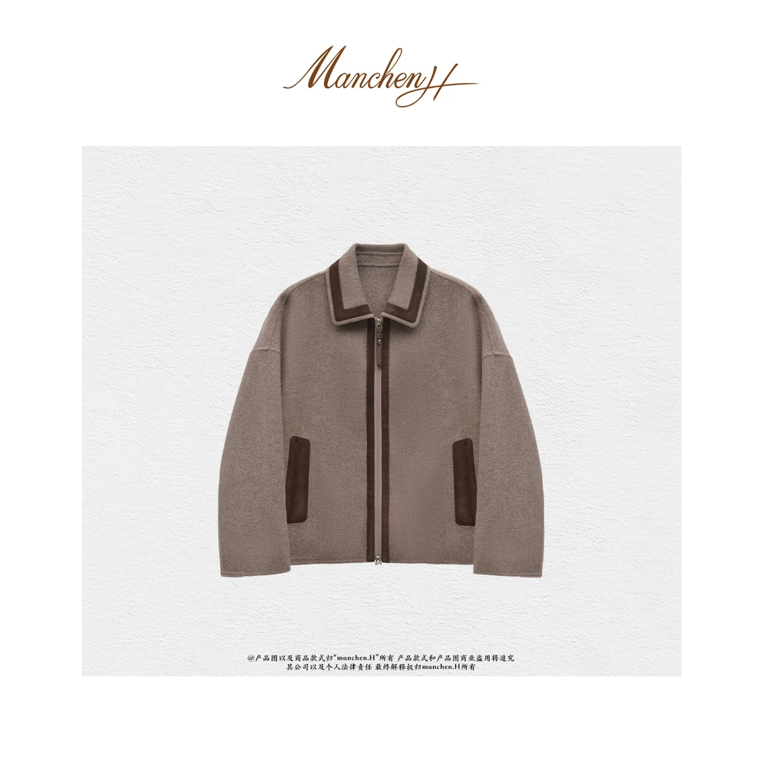 曼辰manchenh“巴黎街区”重磅拼皮100牦牛绒双面呢气质翻领外套