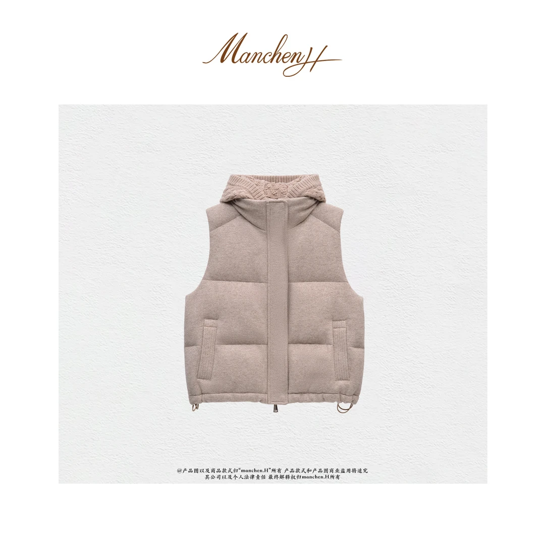 曼辰manchenh“老钱精髓”进口羊毛银丝拼皮连帽鹅绒马甲