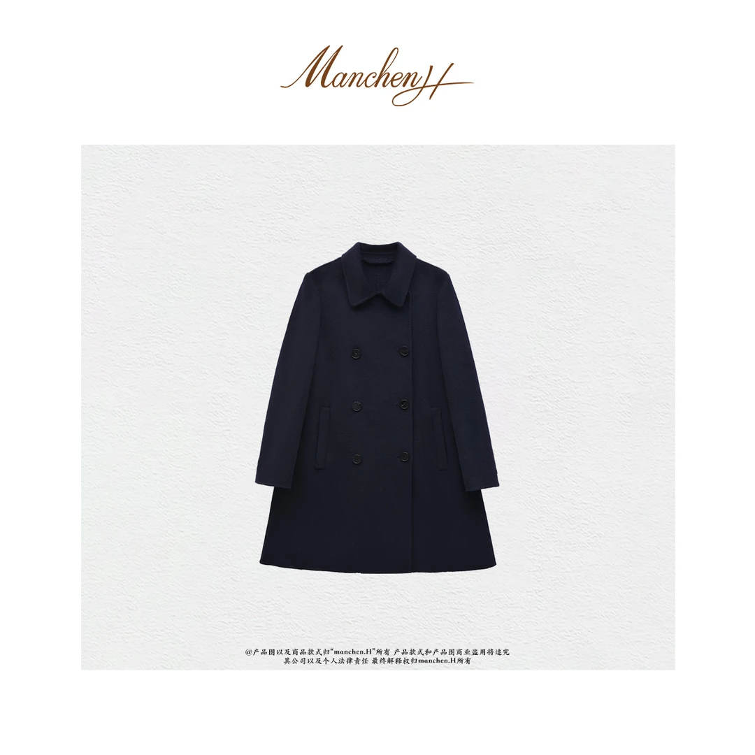 曼辰manchenh“经典印记”原面料双面呢八扣翻领大衣