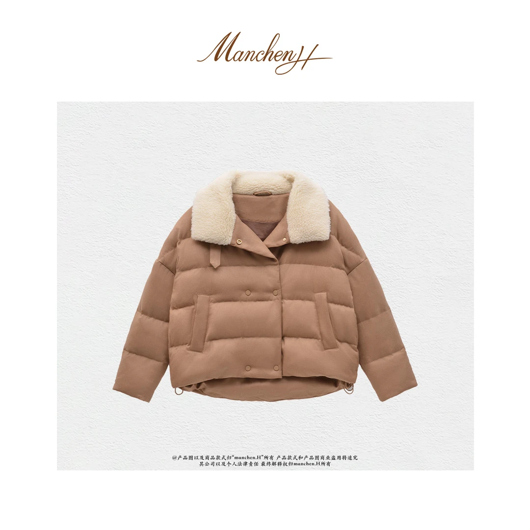 曼辰manchenh“冬日漫雪”原面料进口人字纹驼绒拼驼绒泰迪领鹅绒服