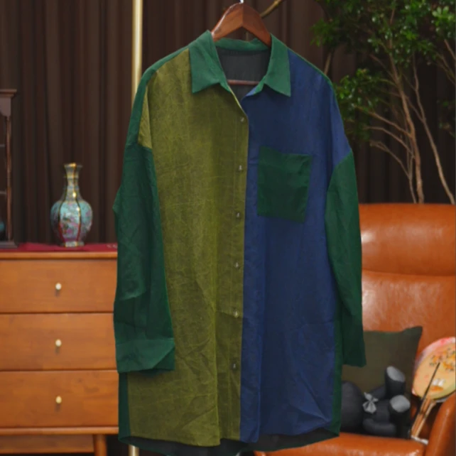 【玉洁定制】撞色休闲拼接香云纱衬衫BQYJ24070044