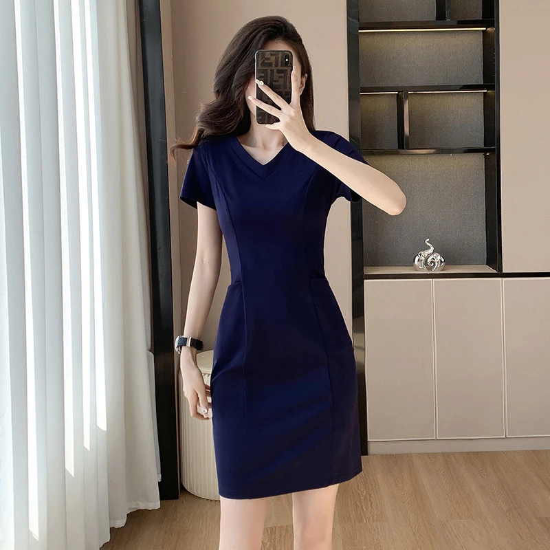 工作服女职业气质连衣裙小黑裙打底裙弹力珠宝店美容师售楼部工装