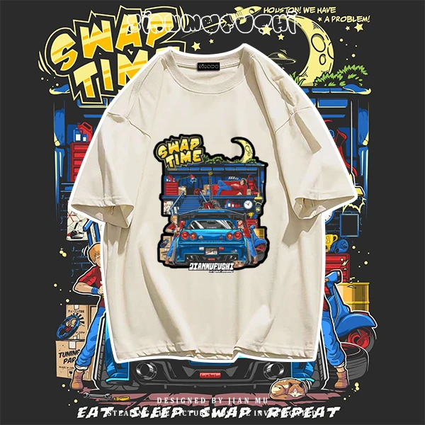 情侣重磅纯棉t恤上衣百搭半袖宽松港风印花ins男士复古圆领韩版