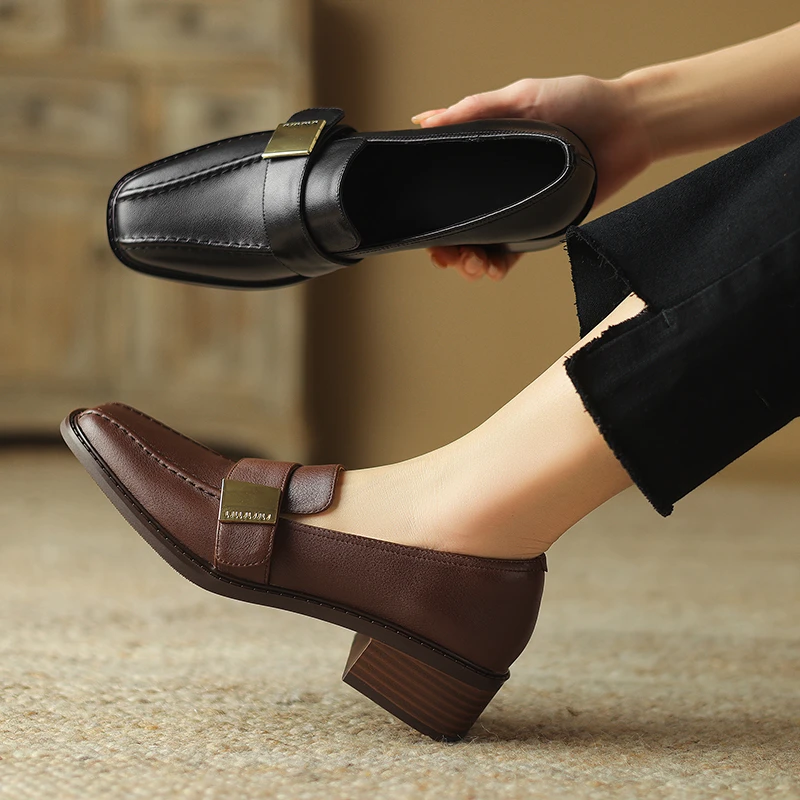 4CM,牛皮女单鞋圆头乐福鞋英伦风通勤鞋真皮软底休闲鞋粗跟小皮鞋