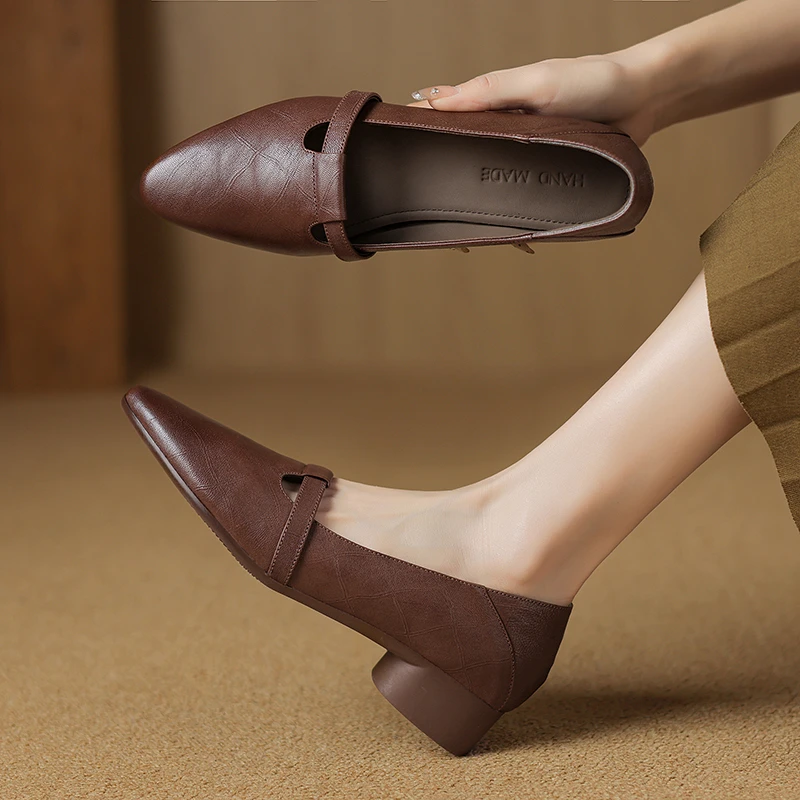 3CM，羊皮软底通勤职业鞋粗跟真皮休闲鞋百女士真皮厚底软底乐福鞋