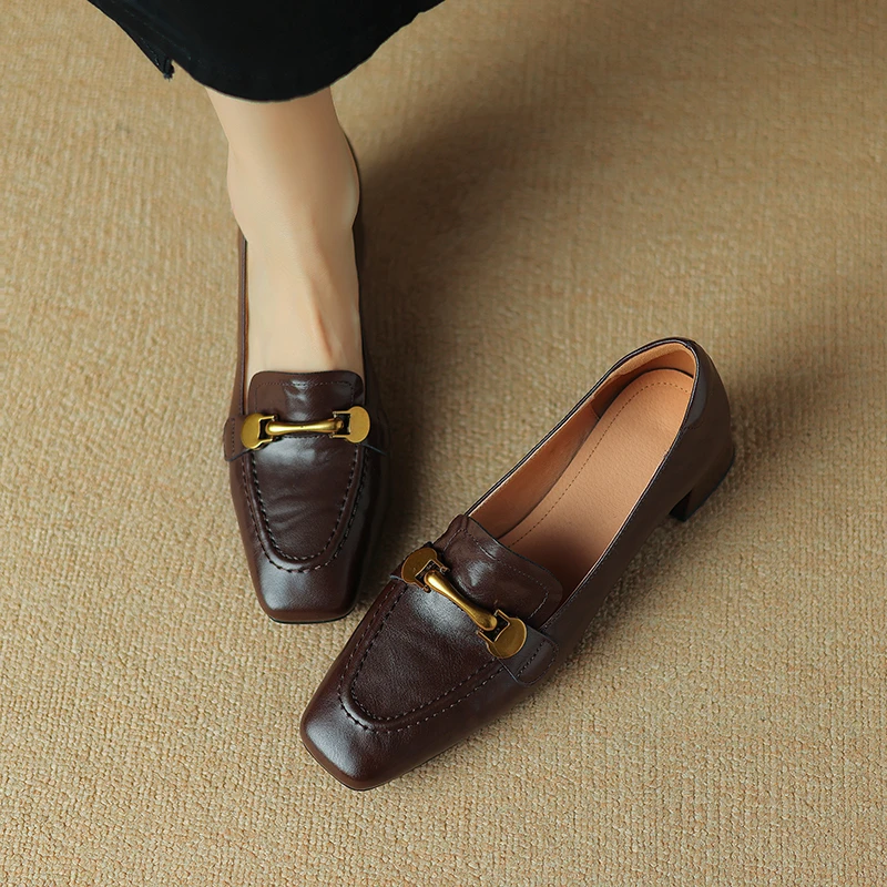 软底皮鞋2023秋冬新款时尚方头深口女气质  低跟夏季真皮坡跟凉鞋