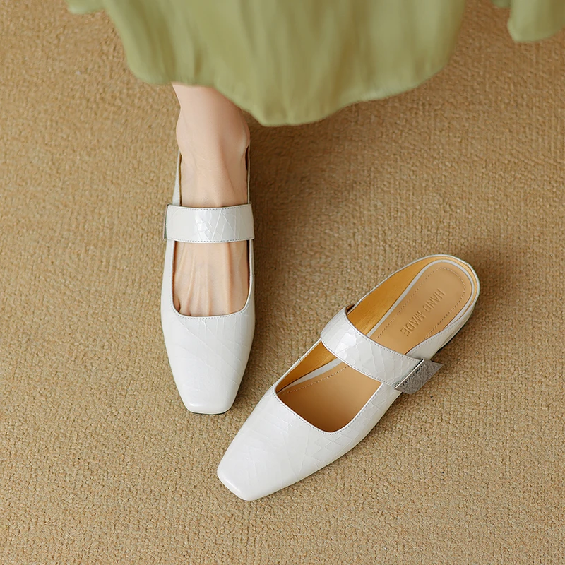 2.5 牛皮韩版百搭舒适平底半拖春季法式软底时尚法式牛仔坡跟凉鞋