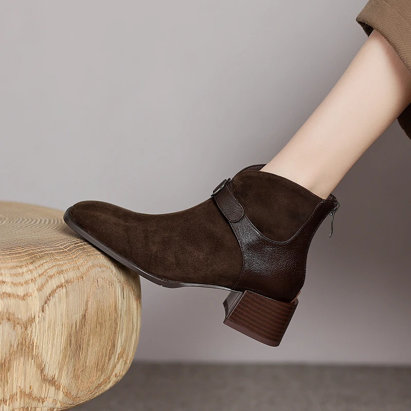 5CM，羊皮磨砂马丁靴拉链粗跟高跟靴英伦风秋女士英伦风粗跟马丁靴