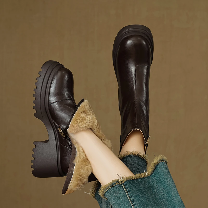 7CM，牛皮短筒靴羊羔毛瘦瘦靴秋冬加绒厚底女士女士白色高跟长筒靴