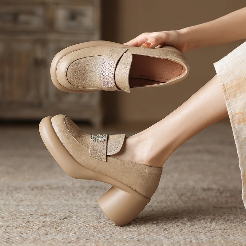 7CM，羊皮软底粗跟厚底休闲鞋英伦风百搭法式复法式羊皮粗跟高跟鞋