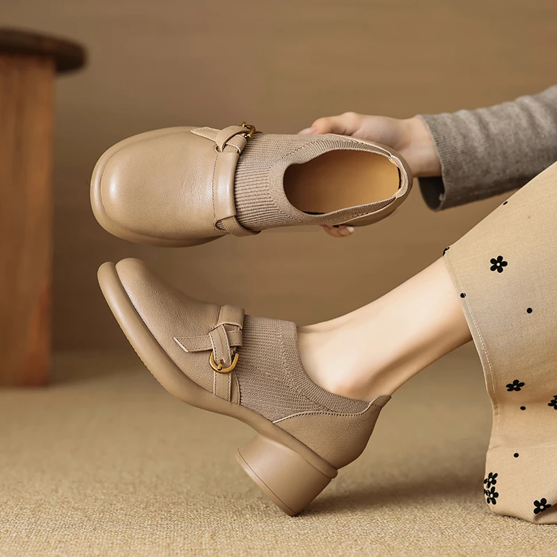 5CM，头层羊皮英伦风软底单鞋粗跟厚底休闲鞋圆头弹力新款加绒女鞋