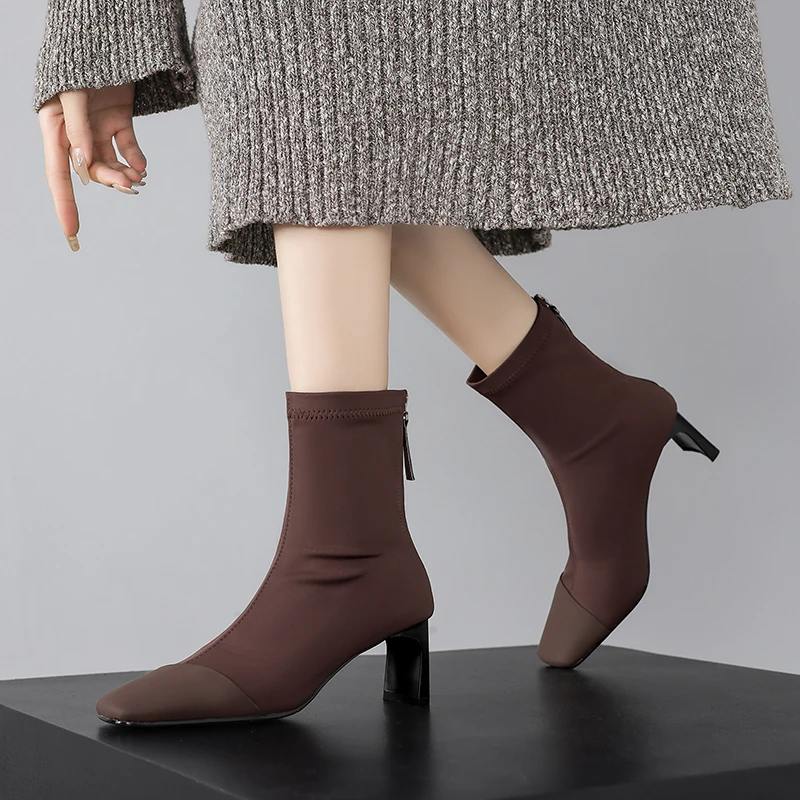 6CM，莱卡弹力瘦瘦靴粗跟高跟鞋方头靴子秋冬时复古方头粗跟马丁靴