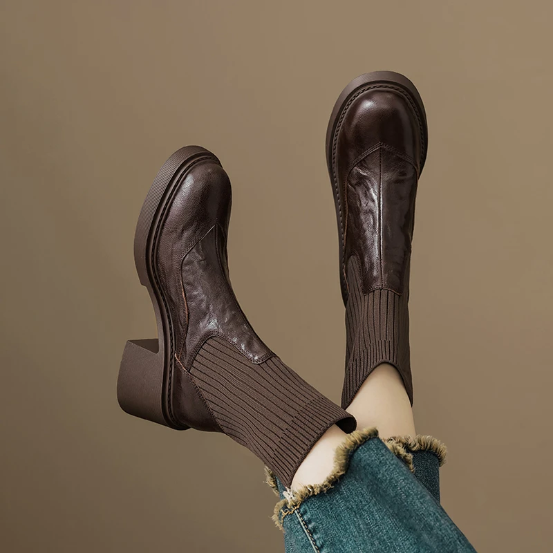 6CM，头层羊皮弹力瘦瘦靴英伦风圆头秋冬马丁靴时尚英伦风厚底瘦靴