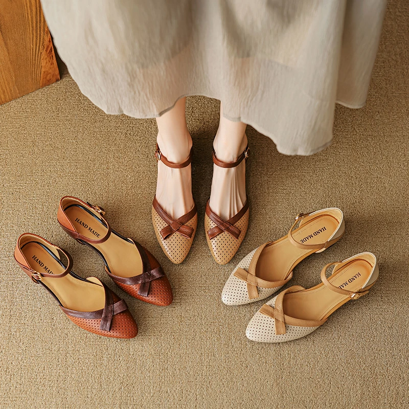 羊皮软底尖头仙女风洞洞鞋夏季粗跟高跟鞋一夏季法式尖头粗跟凉鞋