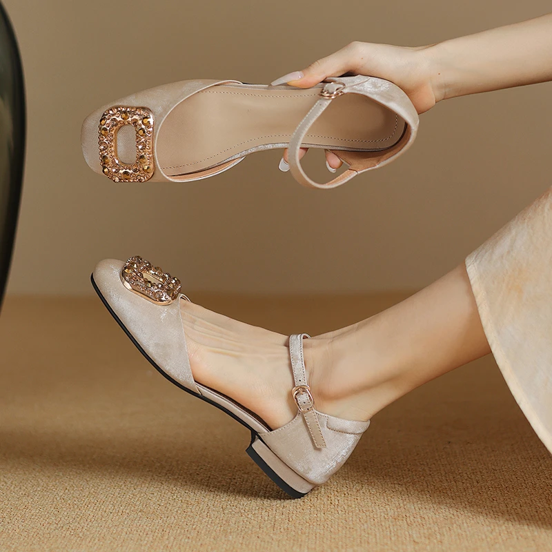 2CM，牛皮夏季粗跟玛丽珍女凉鞋真皮法夏季法式包头粗跟玛丽珍凉鞋