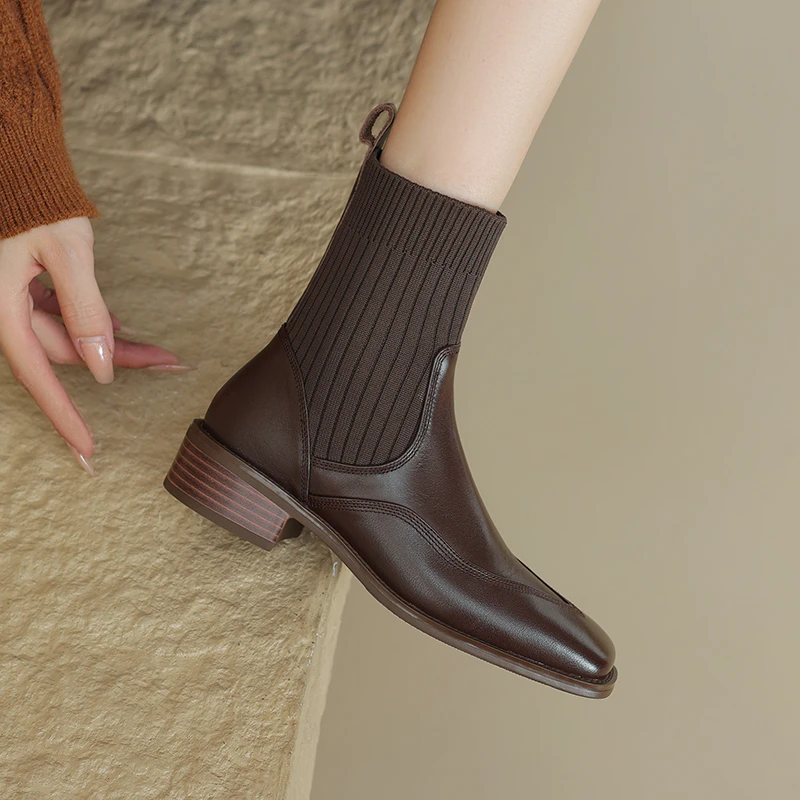 【GS】头层牛皮女短靴跟3CM弹力瘦瘦靴复古马丁靴秋冬切尔西靴女靴