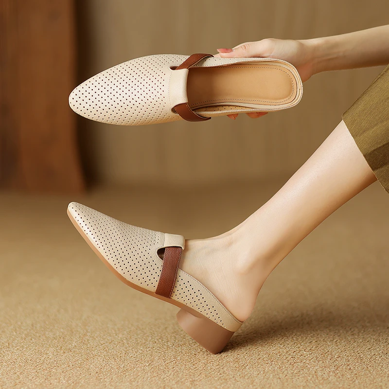 3CM羊皮透气夏季洞洞鞋外穿百搭女凉鞋粗跟包夏季真皮方头粗跟鞋