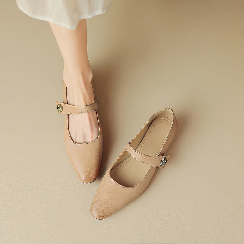 春季羊皮女单鞋百搭玛丽珍鞋浅口休闲鞋扣带通勤鞋女新款平底女鞋