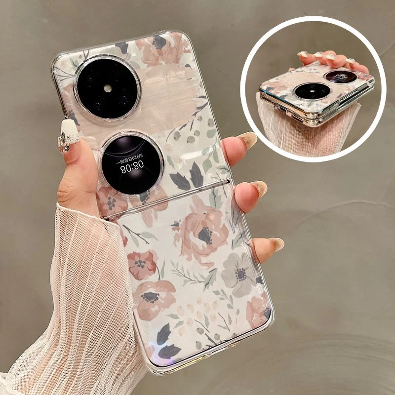 适用华为P50pocket手机壳女Pocket2折叠屏保护套透明创意手绘鲜花