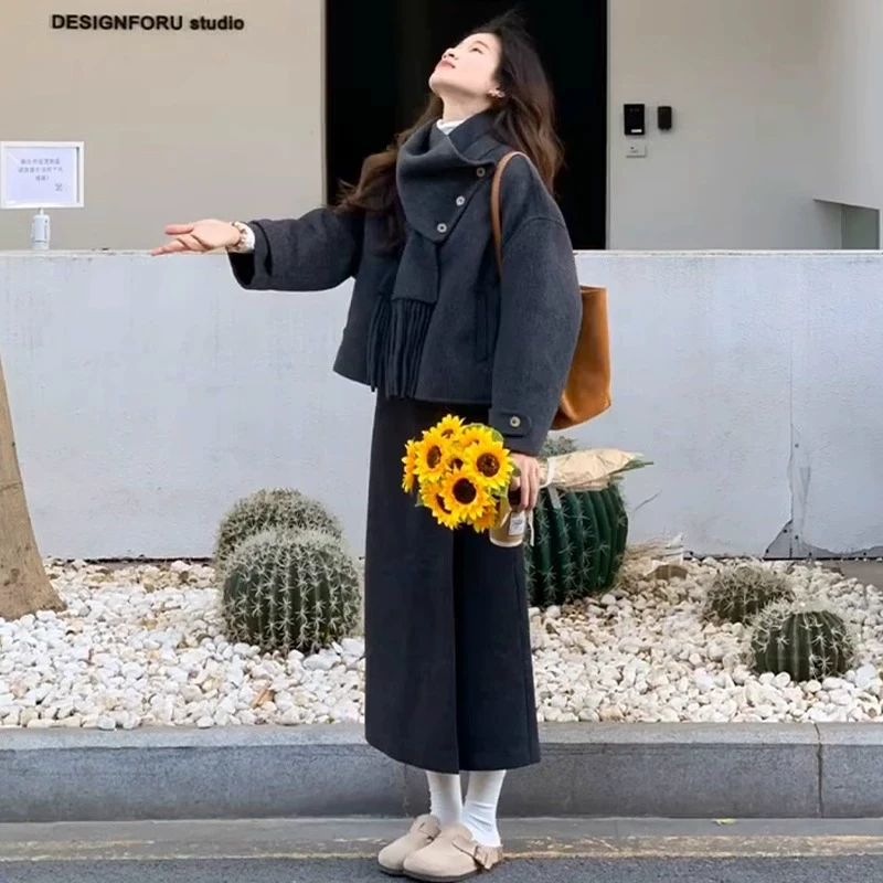 气质冬季加绒连衣裙秋冬韩系搭配一整套冬装灰色毛呢外套群裙装女