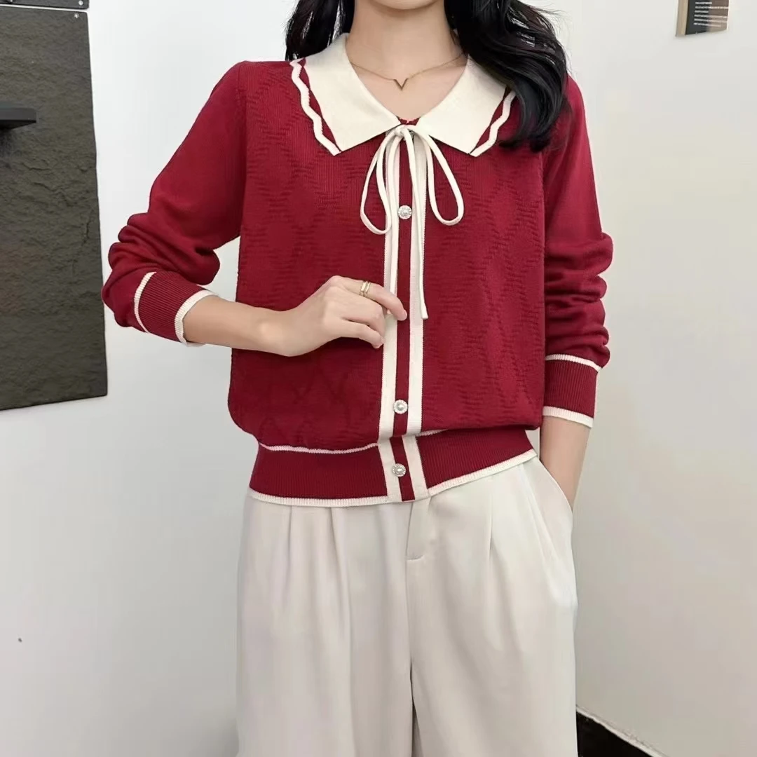 女娃娃娃娃领毛针织衫百搭长袖毛衫早秋女装红色镂空秋季翻领
