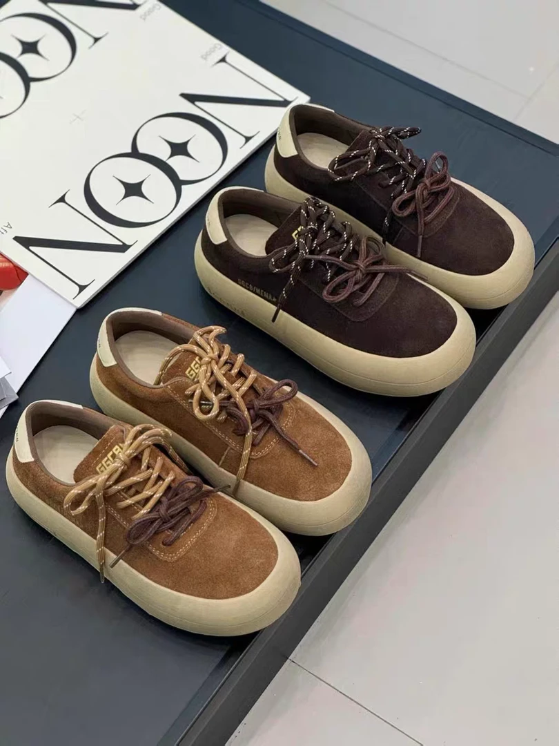 余炸炸厚底面包鞋女2024秋冬百搭圆头真皮复古做旧小脏鞋休闲板鞋