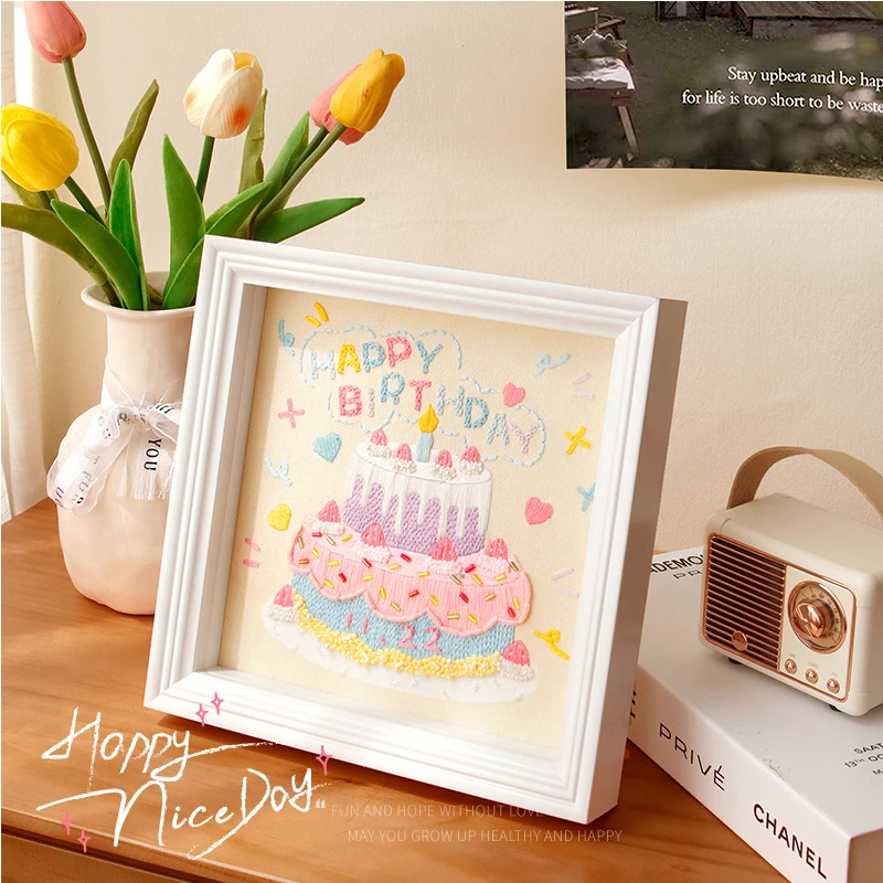刺绣手工diy材料包生日快乐相框画摆件送朋友闺蜜简单制作礼物