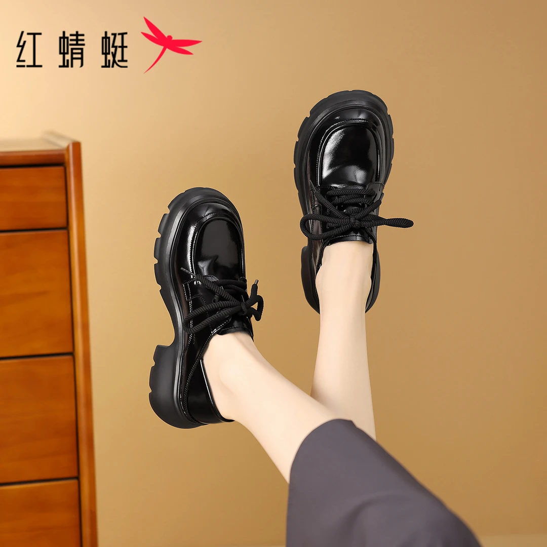 红蜻蜓秋季新款女单鞋经典时尚厚底潮流时尚方头增高休闲小皮鞋