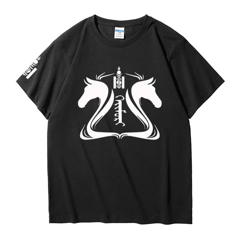 蒙古族民族风蒙古文字骏马印花夏季纯棉宽松百搭短袖男女t恤