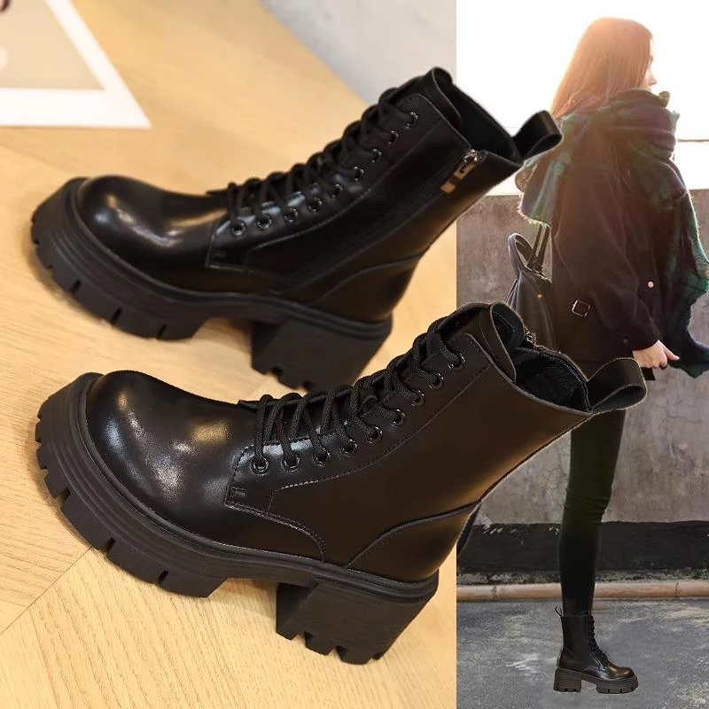 万达撤柜头层牛皮马丁靴女款2025春季显瘦厚底小个子今年流行靴子