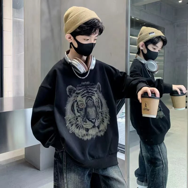 【加绒】冬季童装印花圆领卫衣新款潮流保暖男中大童百搭卫衣韩版