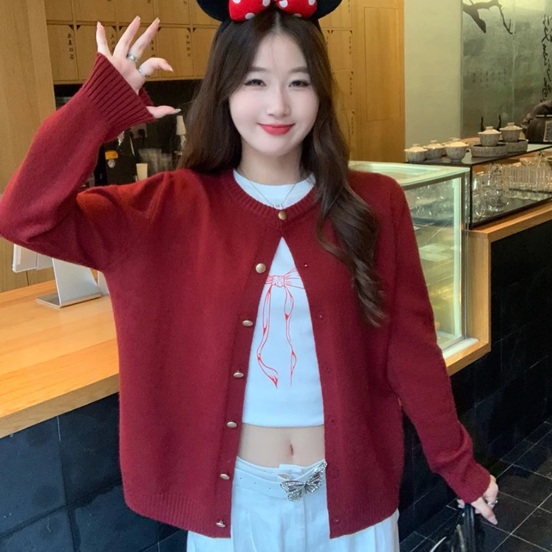 安可拉红开衫毛衣女外套2024秋冬新款针织衫外搭软糯铜扣百搭上衣