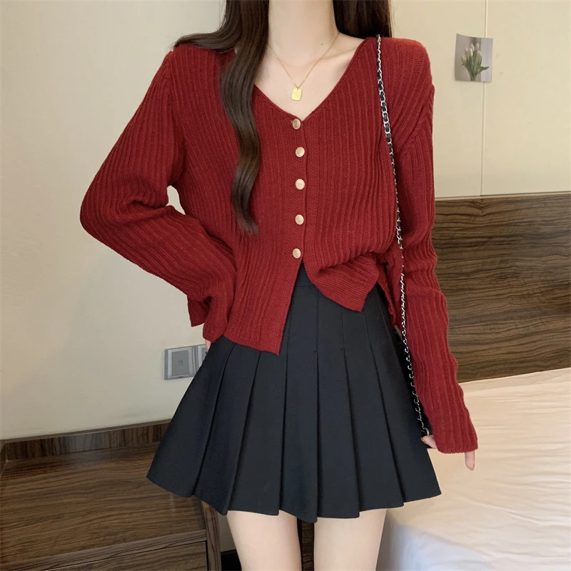 V领针织开衫女2025早秋新款薄款小香风宽松长袖针织衫单排扣上衣