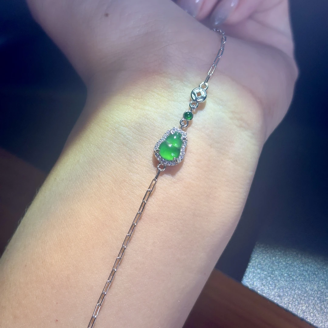 S925银镶冰绿葫芦手链天然翡翠A货