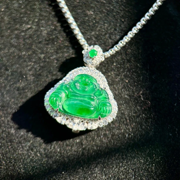 S925银镶冰绿佛公吊坠天然翡翠A货