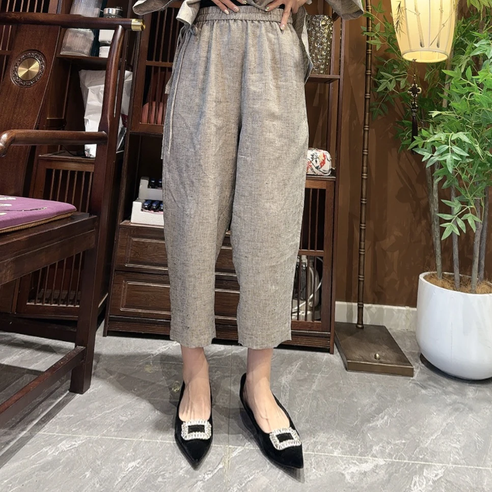 早秋新款金丝麻萝卜小脚裤