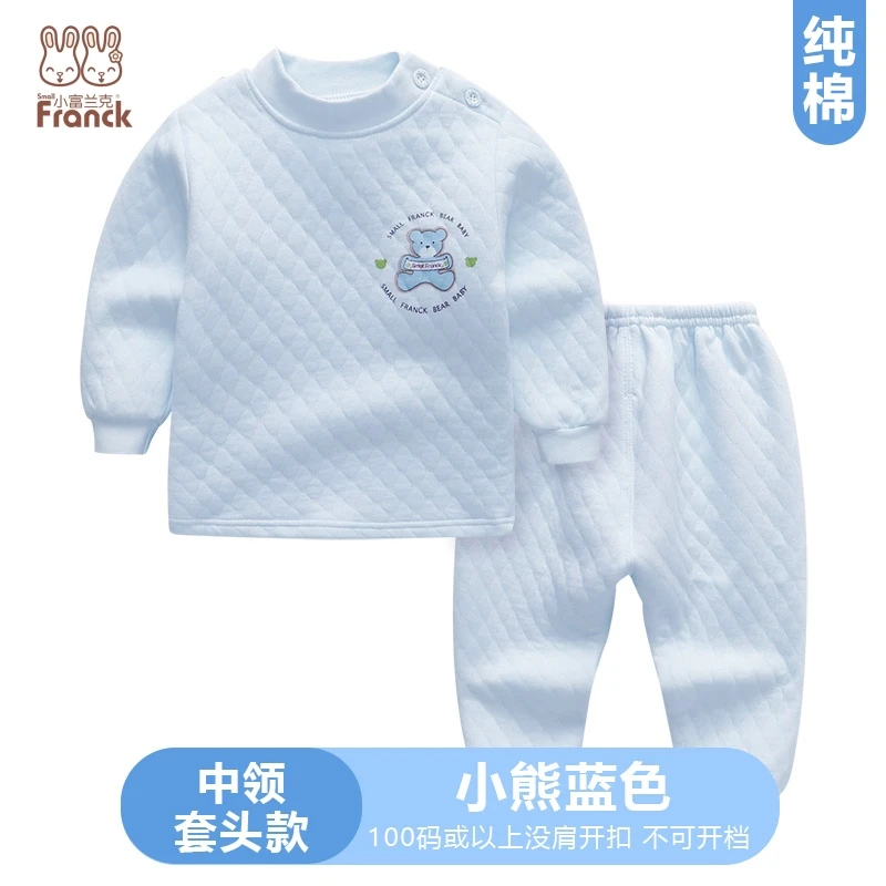 秋冬保暖纯棉夹棉套装宝宝婴儿童睡衣秋裤家居服保暖套装套头开档