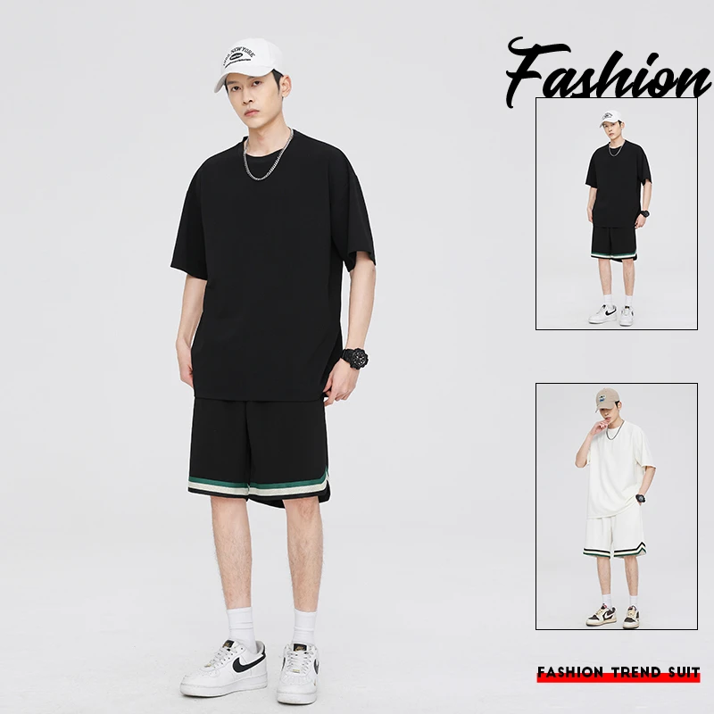 休闲夏季圆领简约情侣纯色运动宽松百搭时尚潮流日系韩版时尚套装