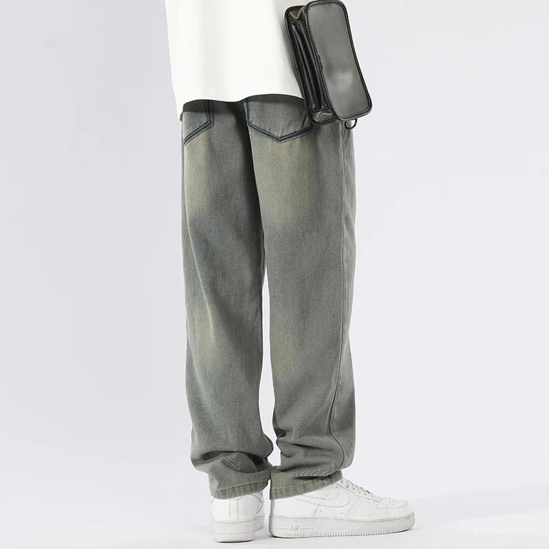 新款牛仔裤男士春秋水洗潮流宽松阔腿高街潮牌直筒休闲抽绳长裤子